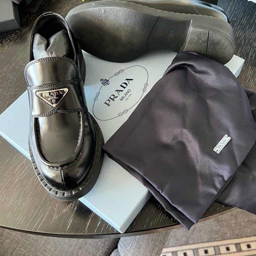 Prada Black Patent Leather Loafers with Signature Triangle Logo